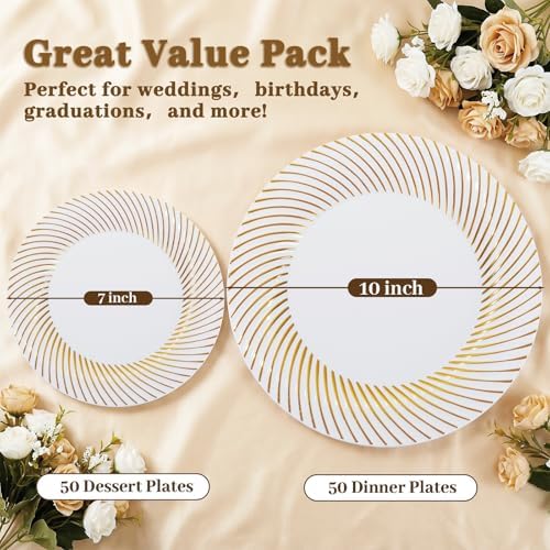 100Pcs White Plastic Plates With Gold Trim for Party, Plastic Disposable Plates Include 50 Dessert Plates and 50, alternate