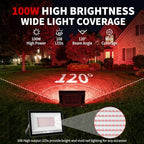 100W Red LED Flood Light Outdoor 2 Pack, Plug in Flood Lights with IP66 Waterproof, 120° Wide Beam, 180°, alternate view 2