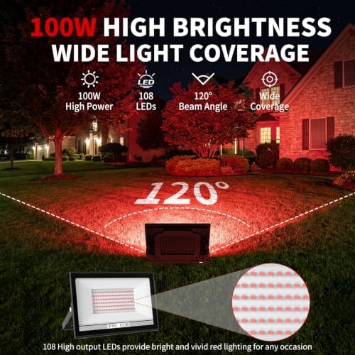100W Red LED Flood Light Outdoor 2 Pack, Plug in Flood Lights with IP66 Waterproof, 120° Wide Beam, 180°, alternate view 2