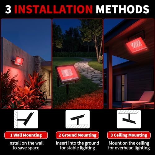 100W Red LED Flood Light Outdoor 2 Pack, Plug in Flood Lights with IP66 Waterproof, 120° Wide Beam, 180°, alternate view 6