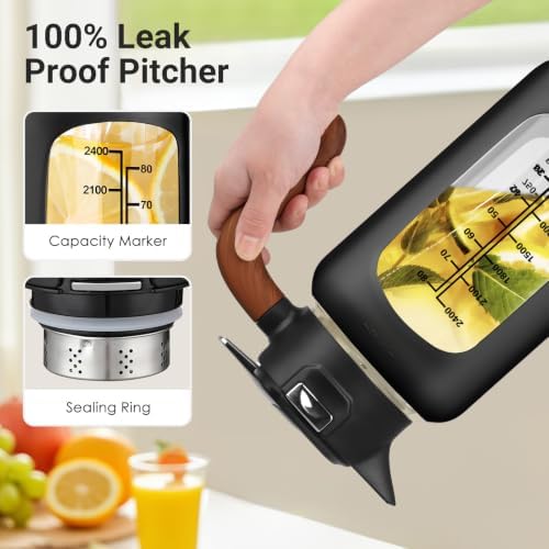101 oz/3L Large Glass Pitcher with Lid and Handle - Leakproof, Fridge Use in Black, alternate view 3