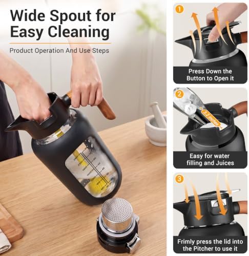 101 oz/3L Large Glass Pitcher with Lid and Handle - Leakproof, Fridge Use in Black, alternate view 6