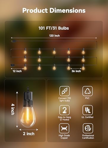 101FT Outdoor String Lights S14 LED Waterproof Patio Lights, alternate view 5