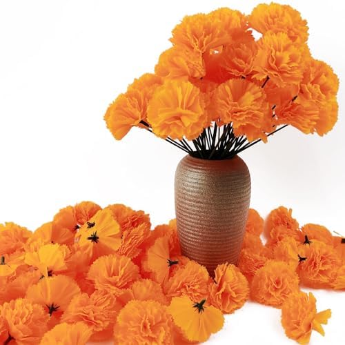 101PCS Marigold Flower Heads Bulk, Silk Marigold with Stems Artificial Flowers for Diwali Home Decor Day of The, alternate
