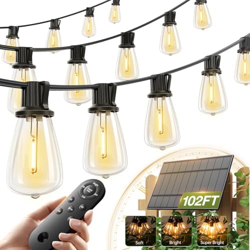 102FT(96+6) Solar String Lights Outdoor, Waterproof Dimmable 48+4 LED in Black