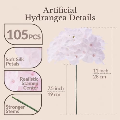 105PCS Hydrangea Artificial Flowers with Stronger Bendable Stems, Premium Silk Faux Hydrangea Flowers Bulk for, alternate