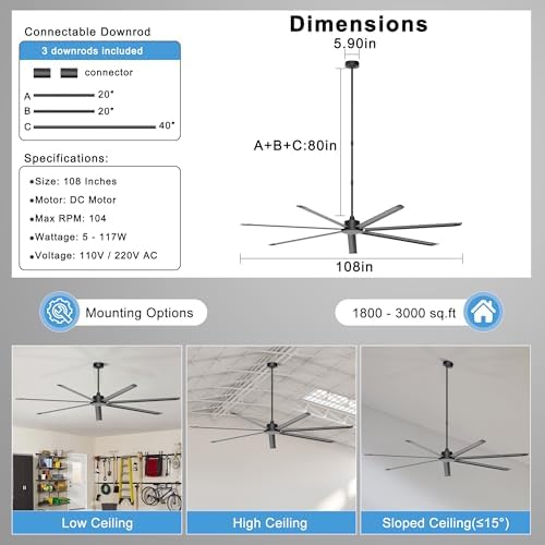 108'' Industrial Ceiling Fan No Light for Warehouse, Black in Black, alternate view 3