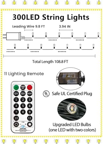 108FT Color Changing Christmas Lights with Remote Timer 300 LED, alternate view 7
