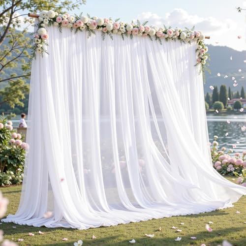 10ft×10ft Wrinkle Free White Backdrop Curtain Drapes, 2 Panels 5ftx10ft Sheer Tulle Chiffon Backdrop Panels