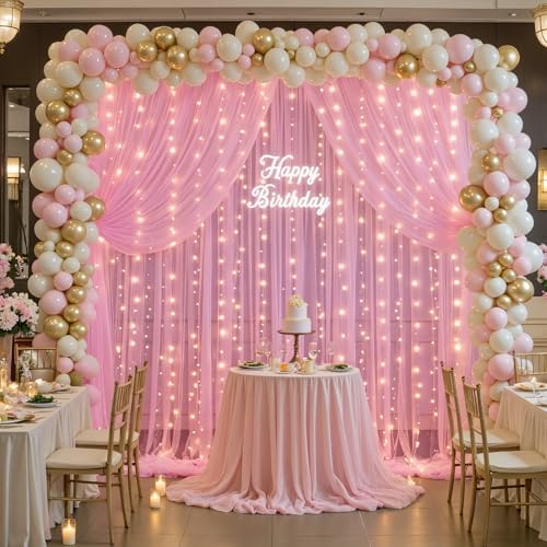 10ft×12ft Pink Tulle Backdrop Curtains with Lights String for Parites Pink Sheer Backdrop Curtains for Baby, alternate view 3