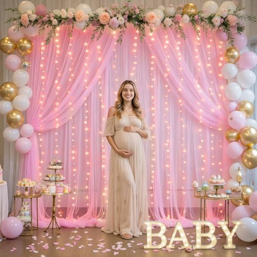 10ft×12ft Pink Tulle Backdrop Curtains with Lights String for Parites Pink Sheer Backdrop Curtains for Baby, alternate view 5