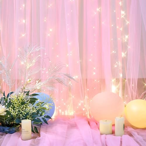 10ft×12ft Pink Tulle Backdrop Curtains with Lights String for Parites Pink Sheer Backdrop Curtains for Baby, alternate view 7