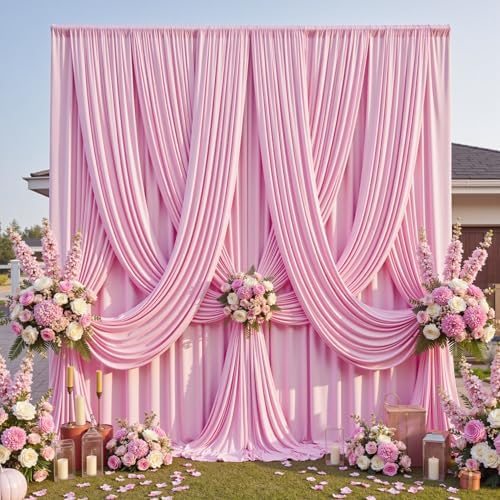 10ft×12ft Wrinkle Free Pink Backdrop Curtain for Wedding Parties, 2 Panels 5×12ft Long Silky Polyester Backdrop