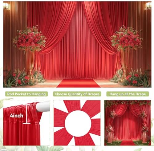 10ft×15ft Red Backdrop Curtain for Christmas Parties in W5' x H15'(2 panels) in Red, alternate view 5