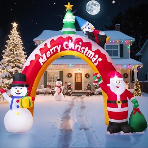 10FT Christmas Inflatables Archway with Santa Claus, Snowman & Christmas Tree, Large Blow Up Outdoor Decorations