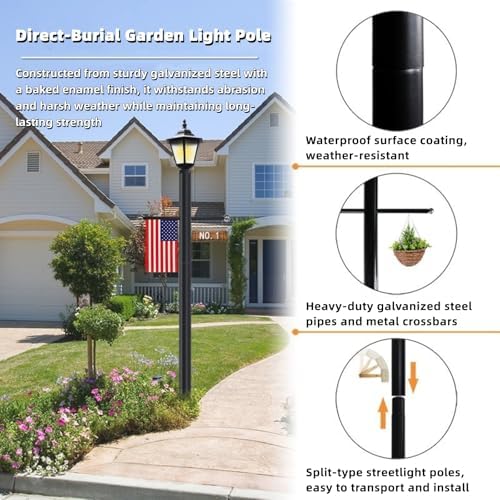 10FT Direct Burial Lamp Post, Split Street Light Pole with Cross Arm Lighting Post Fixtures for Pathway, alternate view 4