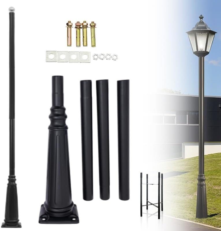 10FT Outdoor Lamp Post, Split Street Light Pole with Top Globe & Ground Cage Lighting Post Fixtures for Pathway