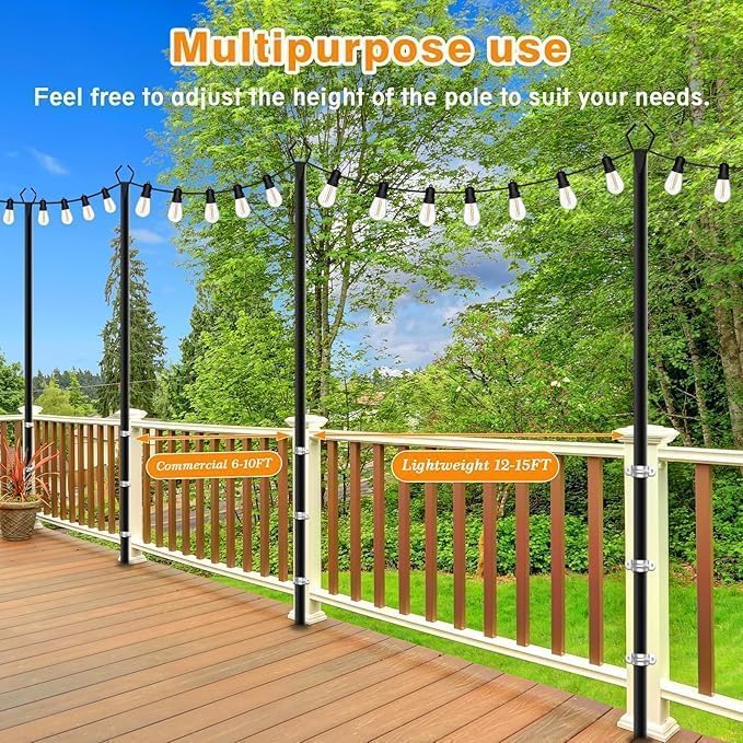 10Ft String Light Poles 2 Pack, Light Poles for Outside Lights, Outdoor with Fence Brackets Hanging Lights, alternate view 6