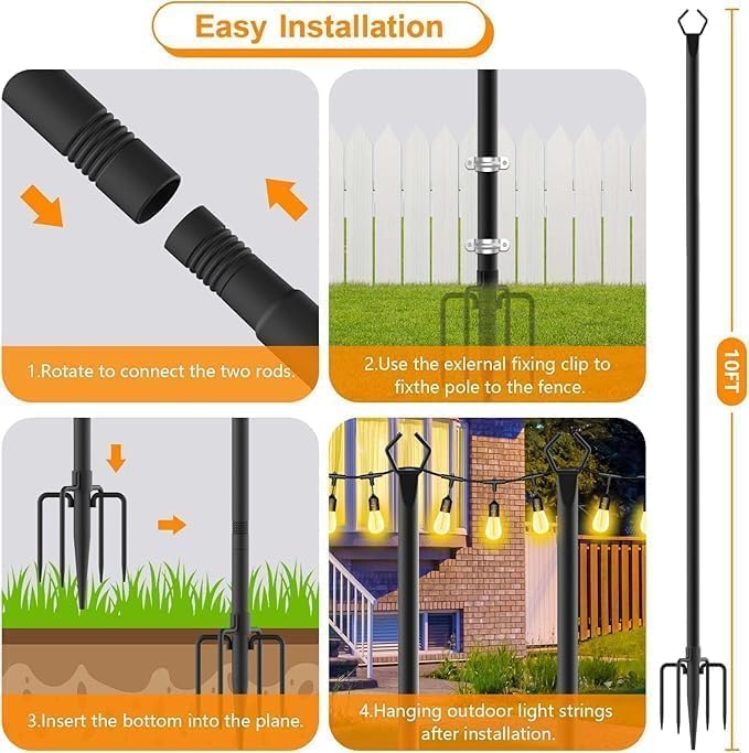 10Ft String Light Poles 2 Pack, Light Poles for Outside Lights, Outdoor with Fence Brackets Hanging Lights, alternate view 7
