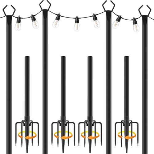 10Ft String Light Poles 4 Pack, Light Poles for Outside Lights, Outdoor with Fence Brackets Hanging Lights