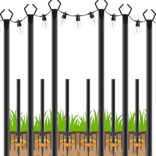 10Ft String Light Poles 6 Pack, Light Poles for Outside Lights, Outdoor with Fence Brackets Hanging Lights