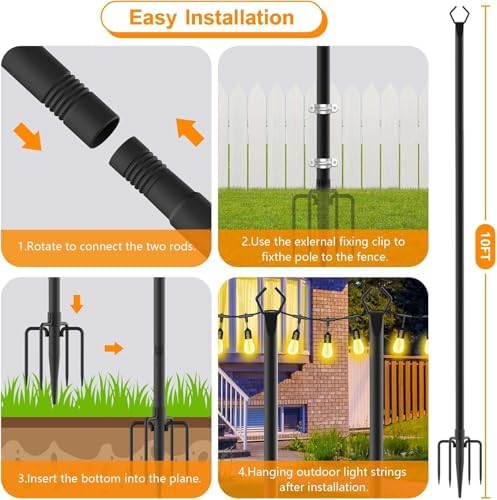 10Ft String Light Poles 6 Pack, Light Poles for Outside Lights, Outdoor with Fence Brackets Hanging Lights, alternate view 7