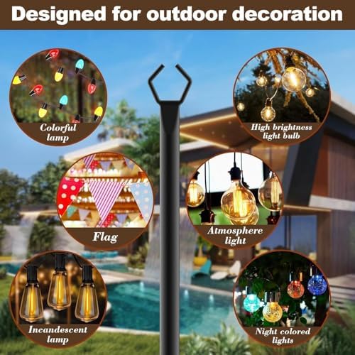 10Ft String Light Poles 8 Pack, Light Poles for Outside Lights, Outdoor with Fence Brackets Hanging Lights, alternate view 3