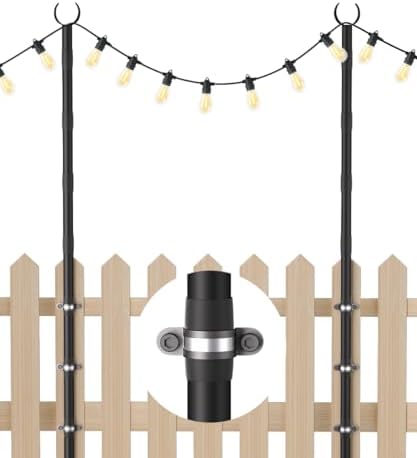 10Ft String Light Poles for Fence & Deck Railing, Outdoor Light Stand with Fence Brackets, Heavy-Duty Metal