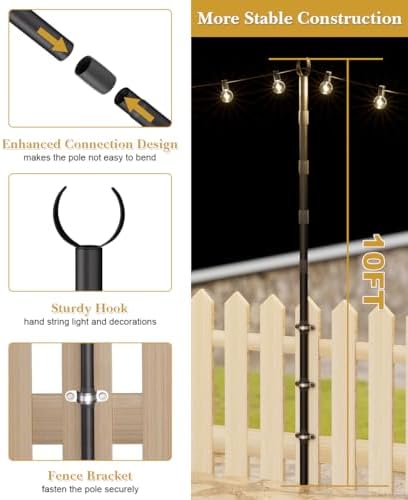 10Ft String Light Poles for Fence & Deck Railing, Outdoor Light Stand with Fence Brackets, Heavy-Duty Metal, alternate view 2