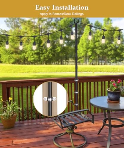 10Ft String Light Poles for Fence & Deck Railing, Outdoor Light Stand with Fence Brackets, Heavy-Duty Metal, alternate view 4