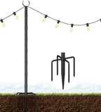 10Ft String Light Poles for Grass & Soil, Outdoor Light Stand with 5-Prong Fork Base, Heavy-Duty Metal Poles for