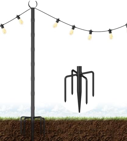 10Ft String Light Poles for Grass & Soil, Outdoor Light Stand with 5-Prong Fork Base, Heavy-Duty Metal Poles for