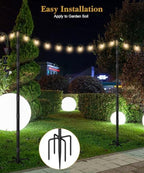 10Ft String Light Poles for Grass & Soil, Outdoor Light Stand with 5-Prong Fork Base, Heavy-Duty Metal Poles for, alternate