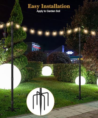 10Ft String Light Poles for Grass & Soil, Outdoor Light Stand with 5-Prong Fork Base, Heavy-Duty Metal Poles for, alternate