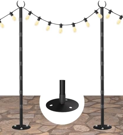 10Ft String Light Poles for Hard Surfaces, Outdoor Light Stand for Backyard, Garden & Patio Party Lighting