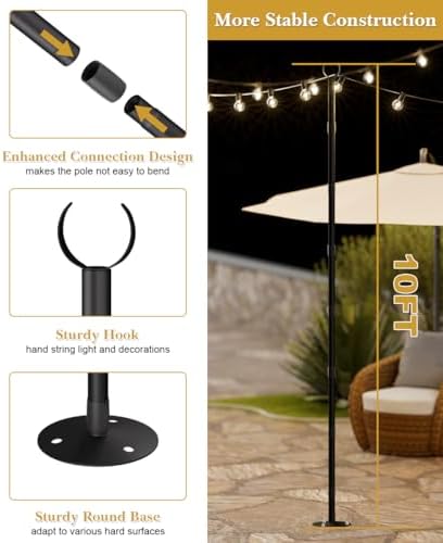 10Ft String Light Poles for Hard Surfaces, Outdoor Light Stand for Backyard, Garden & Patio Party Lighting, alternate view 2