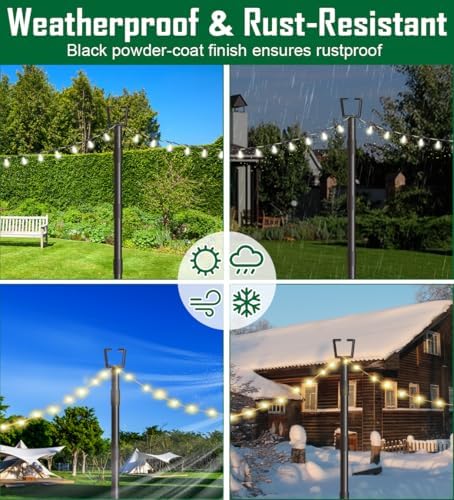 10Ft String Light Poles for Outside - 2 Pack Adjustable Metal Poles for Outdoor String Lights, Rustproof &, alternate view 4