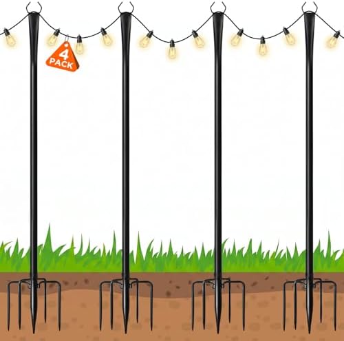10FT String Light Poles, Heavy Duty Outdoor Light Pole Stand, 5-Prong Reinforced Steel Base, Anti-Rust, for