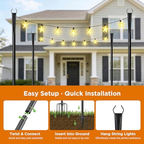10FT String Light Poles, Heavy Duty Outdoor Light Pole Stand, 5-Prong Reinforced Steel Base, Anti-Rust, for, alternate view 4