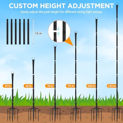 10FT String Light Poles, Heavy Duty Outdoor Light Pole Stand, 5-Prong Reinforced Steel Base, Anti-Rust, for, alternate view 5