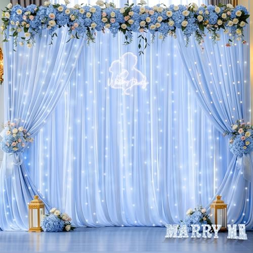 10ft x 10ft Baby Blue Chiffon Backdrop Curtain with Lights String for Parties,2 Panels Sheer Tulle Curtain