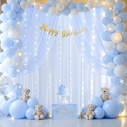 10ft x 10ft Baby Blue Chiffon Backdrop Curtain with Lights String for Parties,2 Panels Sheer Tulle Curtain, alternate view 4