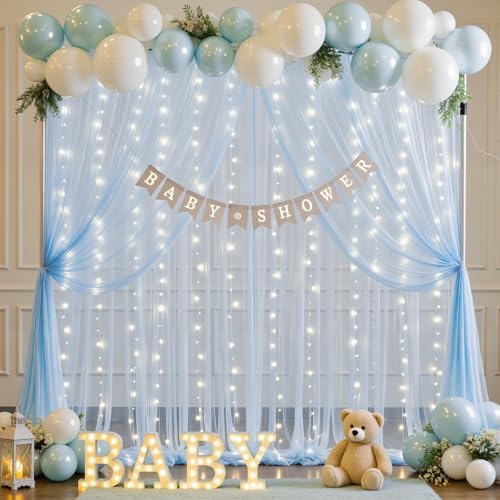 10ft x 10ft Baby Blue Tulle Photo Backdrop Curtain with Lights String for Parties Wedding Sheer Blue Curtain, alternate view