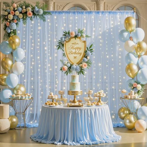 10ft x 10ft Baby Blue Tulle Photo Backdrop Curtain with Lights String for Parties Wedding Sheer Blue Curtain, alternate view
