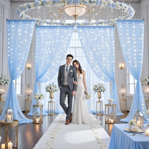 10ft x 10ft Baby Blue Tulle Photo Backdrop Curtain with Lights String for Parties Wedding Sheer Blue Curtain, alternate view
