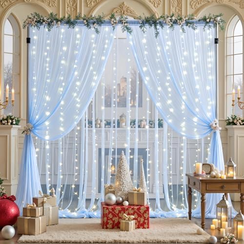 10ft x 10ft Baby Blue Tulle Photo Backdrop Curtain with Lights String for Parties Wedding Sheer Blue Curtain, alternate view