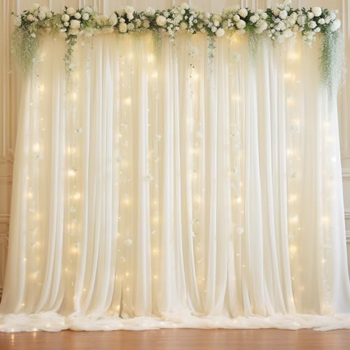 10ft x 10ft Beige Chiffon Backdrop Curtain with Lights String for Parties,2 Panels Sheer Chiffon Curtain Wedding