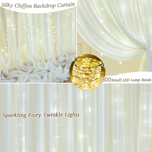 10ft x 10ft Beige Chiffon Backdrop Curtain with Lights String for Parties,2 Panels Sheer Chiffon Curtain Wedding, alternate