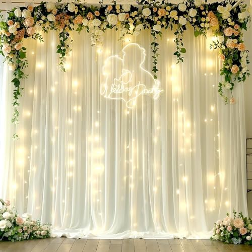 10ft x 10ft Beige Chiffon Backdrop Curtain with Lights String for Parties,2 Panels Sheer Chiffon Curtain Wedding, alternate