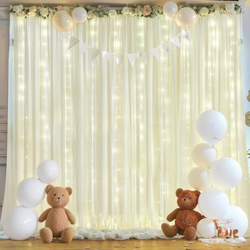 10ft x 10ft Beige Chiffon Backdrop Curtain with Lights String for Parties,2 Panels Sheer Chiffon Curtain Wedding, alternate